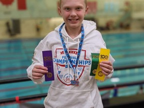 This past weekend in Etobicoke, Hudson Green, 11, had four top-ten finishes, with a bronze medal effort in the 100m breaststroke (1:31.42), as well as a fourth-place finish in the 200m breaststroke (3:13.32). Supplied