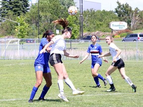 Kaitlyn Pressley of the GSSC Impact U21 women's soccer team heads a ball during action against the Woodbridge Strikers at James Jerome Sports Complex in Sudbury, Ontario on Saturday, June 11, 2022. Ben Leeson/The Sudbury Star/Postmedia Network