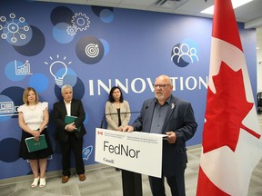 Greater Sudbury Mayor Brian Bigger makes a point at the opening of the Innovation Quarters in downtown Sudbury on Tuesday.