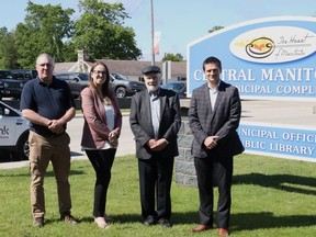 Eastlink team members Roger Labelle, operations manager (far left); Avryl Wells, sales and marketing manager for Ontario; and Louigi Salvati, director of sales and marketing for Ontario/West (far right); met with Central Manitoulin Mayor, Richard Stephens to share a progress update on the fibre build currently underway in Mindemoya.