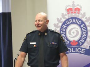 Greater Sudbury Police Chief Paul Pedersen makes a point at the launch of the second annual Mooz Akinonmaaget Maa Aki, Moose Hunt initiative at the Shkagamik-Kwe Health Centre onJune 30, 2022. The initiative focuses on building positive relationships between Indigenous youth and Greater Sudbury Police officers based on mutual respect, cultural awareness and inclusivity.