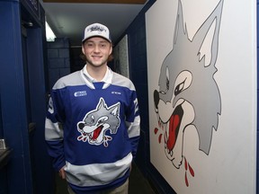 Sudbury Wolves goaltender Joe Ranger poses for a photo inside his new team's dressing room at the Sudbury Community Arena in Sudbury, Ont. on Thursday June 30, 2022. Ranger was acquired in a trade with the Mississauga Steelheads. John Lappa/Sudbury Star/Postmedia Network