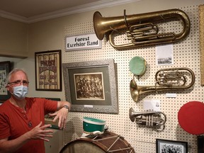 David McLean of the Forest Museum talks about the various instruments collected at the Forest Excelsior Band museum. Carl Hnatyshyn/Sarnia This Week