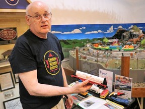 Model train room volunteer Tom Walter created a three-level, aerospace/aviation-themed layout at Moore Museum, which will include a handmade rocket fuel car. Carl Hnatyshyn/Sarnia This Week