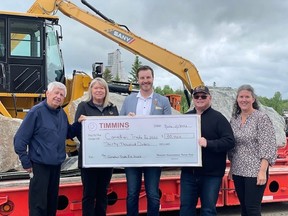 Canadian Trade-Ex, which hosts the annual Canadian Mining Expo in Timmins, received $30,000, from the Municipal Accommodations Tax fund. Glenn Dredhart, owner and director of Canadian Trade-Ex, second from right, accepts the cheque from subcommittee members, Mike Kentish, from left, Cindy Campbell, Kraymr Grenke and Carmen Swartz.