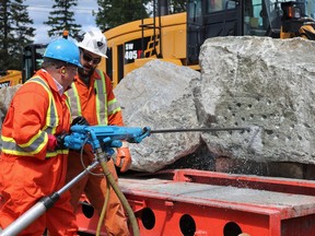 Ward 5 city councillor Cory Robin was among the participants in Wednesday morning's Dignitary Challenge as part of the jackleg competitions on Day 1 of the 2022 Canadian Mining Expo taking place in and around the McIntyre Community Complex in Schumacher.

ANDREW AUTIO/The Daily Press