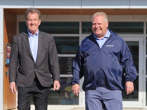 George Pirie, left, accompanies Ontario Progressive Conservative Leader Doug Ford to a podium in front of the Timmins Museum on May 8 during the campaign for the June 2 provincial election. Pirie, who ended up winning the election in Timmins, has been appointed to provincial cabinet as Ontario's new mining minister.

RON GRECH/The Daily Press