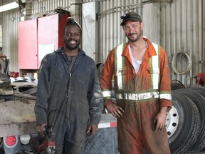 Apprentice mechanic Anthioumane Ndiaye, left, seen here with his mentor Brady Perry, at Northwind Transport,  is the first summer apprentice the company has hired from Collège Boréal's motive power technician – truck and coach program.
NICOLE STOFFMAN/The Daily Press