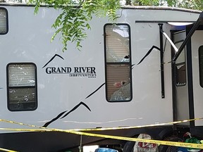 This trailer was reportedly damaged during a shooting incident at Shiloh Park near Wallaceburg. A man has been arrested and faces attempted murder and weapons charges. (Ellwood Shreve/Chatham Daily News)