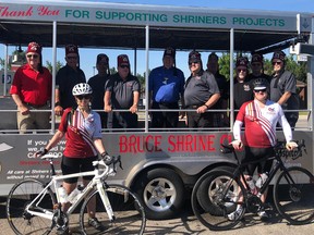 Alex Rauket (right) departs from the Port Elgin Masonic Centre Tuesday to begin his 800-plus kilometre bike ride to the Shriners Hospital for Children in Montreal. Rauket and the Bruce Shrine Club's Kilometres for Kids campaign has already raised $58,000 for the hospital. Photo submitted.