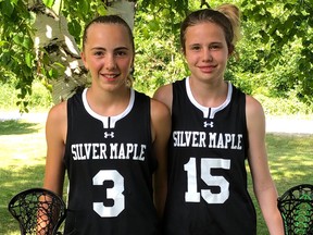 Owen Sound North Stars field lacrosse players Bree Wilkins (3) and Taryn Weppler (15) are headed to the World Lacrosse Women’s World Championships in Towson, Maryland, later this month with Halton Hills club Silver Maple. Wilkins has been selected to participate in the opening ceremonies. Photo submitted.
