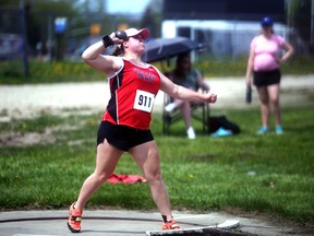 Sacred Heart's Harley Martin won the senior girls shot put with a throw of 10.63-metres at the Bluewater Athletic Association's track and field championships on May 12, 2022.  On Friday, Martin earned a silver medal in the event at the OFSAA track and field championships in Toronto. Greg Cowan/The Sun Times