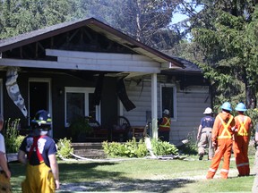 The Meaford Fire Department, Inter-Township Fire Deparment and the Blue Mountains and District Fire Department all responded to the scene of a house fire in Meaford Wednesday afternoon. The fire destroyed much of the back and roof of the home. Firefighters believed no one was injured in the blaze, but family pets may have perished. Greg Cowan/The Sun Times
