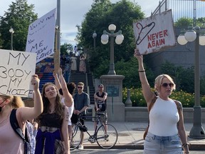 About 40 people, mostly young women, stage a march through Ottawa's ByWard Market June 24 in reaction to the U.S Supreme Court ruling on abortion. Jacquie Miller/ Postmedia