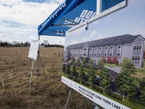 A mock up of a soon-to-be-built long-term care and retirement community is seen on the site where it will be constructed in Eastern Ontario.