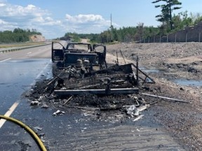 Police and fire personnel responded Sunday to a vehicle fire on Highway 69 in the French River area. A truck and the recreational trailer it was towing where engulfed in flames. Fortunately nobody was hurt.