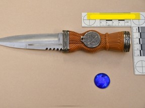 A knife recovered by Brantford Police after an officer discharged an ARWEN weapon at a distraught man in March.
