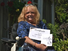 Diane Sims, a terminally ill Stratford woman who doctors didn't expect to live beyond the middle of last year, is raising money for her drug and other medical expenses by selling cards featuring her hand-drawn sketches as well as commissioned paintings. Recently certified as a wedding officiant, Sims is also using whatever time she has left to help bring joy into the lives of people looking to get married through her new business, Weddings on Wheels. Galen Simmons/The Beacon Herald/Postmedia Network