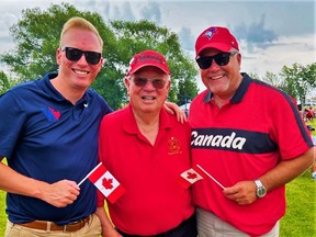 From left, Ryan Williams, Bay of Quinte MP; Quinte West Mayor Jim Harrison and Todd Smith, Bay of Quinte MP, shared a moment together on Canada Day July 1.