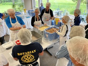 Rotarians at Osprey spent the day putting together 15,000 meal kits that will be sent to Indigenous youth in remote Northern Ontario communities. The food packing drive was part of a six-city rotary effort to support Kids Against Hunger.