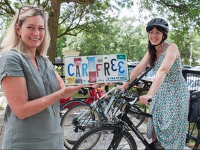 Kim Griffiths (left), the membership and communications lead for Stratford's downtown business association, and Pamela Coneybeare, a small business owner and chair of the association's board of directors, are encouraging people to take part in the upcoming Car-Free Friday.  (Chris Montanini/Stratford Beacon Herald)