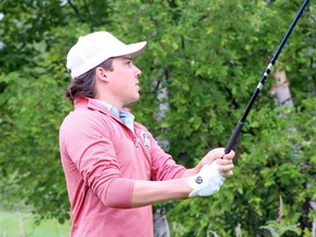 Johnny Svalina from Idylwylde Golf and Country Club watches his tee shot during the Ontario Junior Boys Championship at Timberwolf Golf Club in Garson, Ontario on Tuesday, July 6, 2022.
