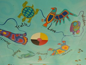 The seven animals Centennial students and teacher Christine Charette painted on the ceiling of the outdoor classroom represent the Seven Grandfather Teachings of truth, love, respect, wisdom, courage, humility and bravery.