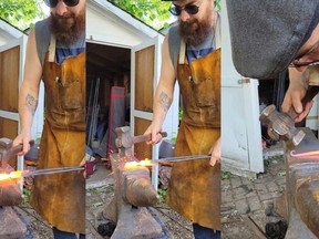 David Pinn at work on his front lawn forge.