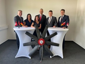 Hägele GmbH, the parent company of Cleanfix North America, announced last summer it is expanding its production facility in Stratford.  Pictured is former Stratford Mayor Dan Mathieson (left), investStratford CEO Joani Gerber, Government of Ontario senior commercial officer Angela Spreng, Hägele Bmbh co-CEOs Steffen and Benjamin Hägele, and Government of Canada trade commissioner Detlef Engler.  (Contributed photo)