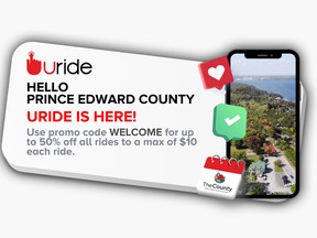 Uride has launched in Prince Edward County and to celebrate they are offering 50 per cent off all rides to a mox of $10 with their WELCOME promo code. Submitted