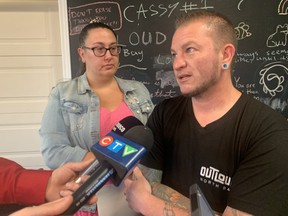 Seth Compton, executive director for OutLoud North Bay, speaks to local media about the “thousands” of hateful and threatening emails, telephone calls and comments on social media platforms they've received regarding a youth drag show. OutLoud and Compton, as well as youth who attend the centre and adult volunteers, have become targets of hate crime.