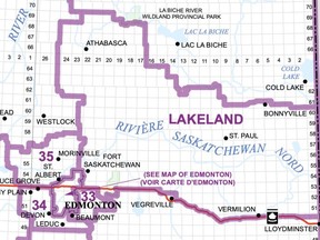 To balance population growth over the past decade, the Federal Electoral Boundaries Commission for Alberta is proposing to split the federal riding of Sherwood Park-Fort Saskatchewan into Sherwood Park-Beaumont and Lakeland. Graphic courtesy Federal Electoral Boundaries Commission for Alberta