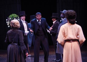 Jordin Hall as Bertram with members of the company in All's Well that Ends Well.  Stratford Festival 2022. Photo by David Hou.