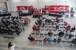 Emergency services personnel, area politicians, and community members celebrated the grand opening of West Perth's new fire hall in Mitchell on Saturday.  Chris Montanini/Stratford Beacon Herald