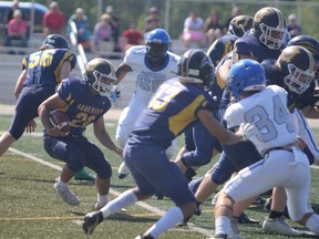 Sault Sabercats running back Michael Nicoletta in Ontario Summer Football League action against the Cumberland Panthers. The 'Cats dropped a 30-7 decision to the visitors in the final regular season game of the OSFL season at Superior Heights on Saturday night.