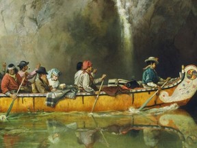 An 1869 painting by British artist Frances Anne Hopkins, wife of Edward Hopkins, personal secretary to Sir George Simpson, governor of Hudson’s Bay Company. The canoe, its eight voyageurs and two passengers – likenesses of the Hopkins, pass a waterfall.