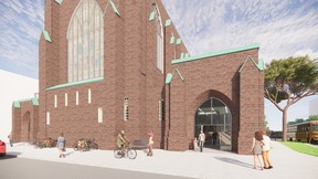 BMI Group's concept drawing for the front-facing exterior of the downtown Stratford building formerly known as Knox Presbyterian Church and now called Copperlight.  Submitted image