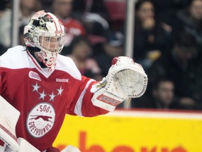 Matt Murray in net for the Soo Greyhounds during January 2013 action against the Oshawa Generals. RACHELE LABRECQUE
