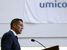 Mathias Miedreich, CEO of Umicore, speaks at Queen’s University in Kingston on Wednesday, announcing a $1.5-billion manufacturing facility to be built in Loyalist Township. The facility, owned by Umicore N.V., will manufacture parts essential for electric vehicle batteries.