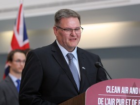 Loyalist Township Deputy Mayor Jim Hegadorn speaks at Queen’s University in Kingston on Wednesday at the announcement of a $1.5-billion electric vehicle battery materials manufacturing facility to be built in Loyalist Township.