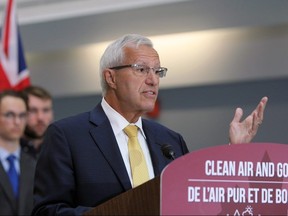 Vic Fedeli, Ontario's economic development minister,, speaks at Queen’s University in Kingston on Wednesday, July 13, 2022. He was announcing a $1.5-billion battery-materials manufacturing facility to be built in eastern Ontario. (Steph Crosier/Postmedia Network)