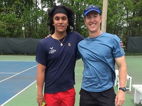 Adrian Catahan, left, has returned from his year of training and playing in Italy “fitter and stronger,” says tennis coach Fransua Rachmann, right.