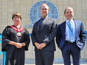 Craig Kelley (centre) has accepted the position of chief administrative officer/clerk for the County of Renfrew. Following the June session of County Council on June 29, he was congratulated on this new role by Warden Debbie Robinson and outgoing CAO/clerk Paul Moreau (left). County of Renfrew photo