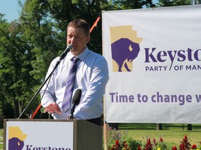 Keystone Party of Manitoba leader Kevin Friesen speaks during the official launch of the party at Vimy Ridge Memorial Park in Winnipeg on Friday, July 15, 2022.