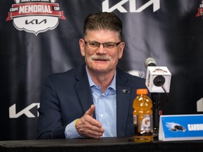 University of New Brunswick Reds coach Gardiner MacDougall during a recent press conference at the Memorial Cup.  Former Greyhounds forward Cole MacKay chose the UNB hockey program as his next step, impressed and fully aware of the win-loss record of a coach now entering his 23rd year behind the Reds bench.