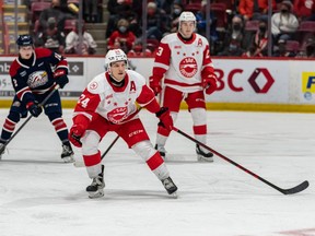 Former Soo Greyhounds forward Cole MacKay in OHL action against the Saginaw Spirit at the GFL Memorial Gardens. MacKay recently signed a letter of intent with the University of New Brunswick Reds hockey team for this upcoming U Sports hockey season.