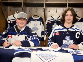 Sudbury Nickel Capitals U18 AAA players Felix St-Onge and Caden Dubreuil pose for a photo during a signing ceremony at Gerry McCrory Countryside Sports Complex in Sudbury, Ontario on Wednesday, July 13, 2022.