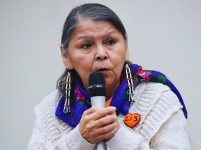 Residential school survivor Geraldine Shingoose, seen here speaking during a residential school survivors conference in Winnipeg earlier this year, will travel to Edmonton later this week to take part in events planned as part of the Papal visit to Canada, which will take place July 24 to 29. Dave Baxter/Winnipeg Sun/Local Journalism Initiative