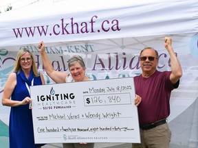 Wendy Wright (centre) and Mike Veres (right) celebrate winning the 2022 Igniting Healthcare 50/50 FUNdraiser with with Mary Lou Crowley. president and CEO of the Chatham-Kent Health Alliance Foundation. The couple won $126,840. Handout