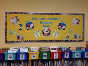 The bulletin board display at the Dutton branch of the Elgin County Library invites patrons to sign up for the Summer Reading Club for ages four-12 years old. Victoria Acres
